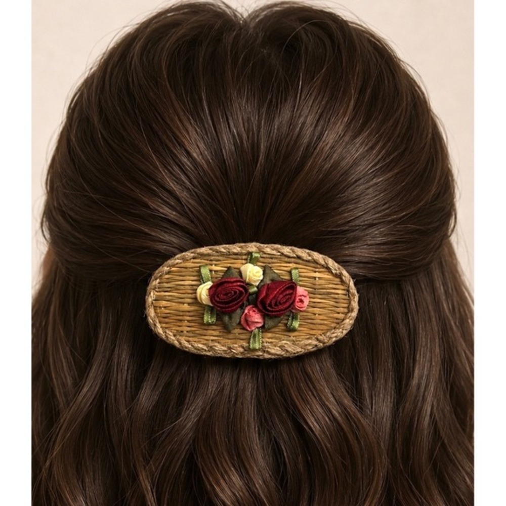 Vintage Satin Rose Woven Raffia Braided Jute Trim Cottagecore Fairy Hair Clip